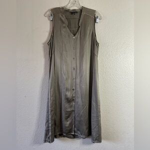 Eileen Fisher Gray Silk Charmeuse Button Down V-Neck Tunic Dress Size M Preppy